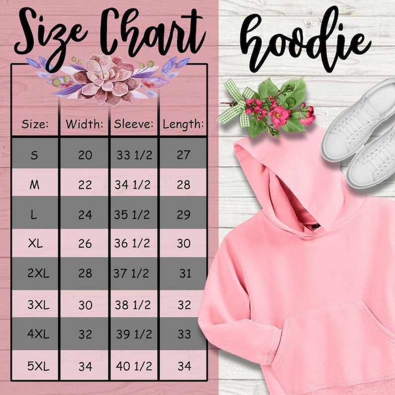 May include: Size chart for a hoodie with measurements in inches for width, sleeve length, and overall length. Sizes range from S to 5XL.