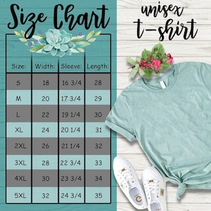 May include: A size chart for a unisex t-shirt. The chart shows the width, sleeve length, and length of the shirt in inches for sizes S through 5XL.