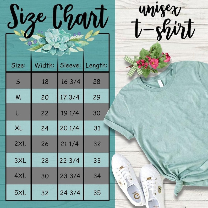 May include: A size chart for a unisex t-shirt. The chart shows the width, sleeve length, and length of the shirt in inches for sizes S through 5XL.