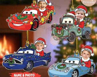 Adorno navideño acrílico personalizado de Disney Cars para niños, adorno navideño con nombre para niños, personaje con foto personalizada, Rayo McQueen, remolque Mater