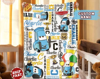 Manta personalizada de Disney Cars, nombre personalizado de Rayo McQueen para cumpleaños de niño o niña, decoración del hogar de Disney, cumpleaños familiar de Cars para niño