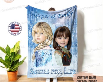 Manta personalizada de princesa Elsa y Anna de Frozen, cuento de hadas de Disney, manta de princesa para niña con nombre y cara personalizados, Sisters for Life