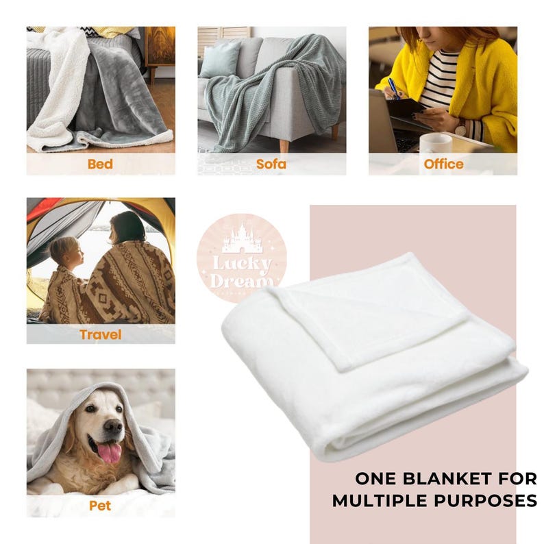 K&ouml;nnte beinhalten: Eine wei&szlig;e Pl&uuml;schdecke, die auf einem rosafarbenen Hintergrund gefaltet ist. Unter der Decke steht der Text "ONE BLANKET FOR MULTIPLE PURPOSES". Die Decke wird in verschiedenen Umgebungen verwendet, darunter ein Bett, ein Sofa, ein B&uuml;ro, auf Reisen und mit einem Haustier.