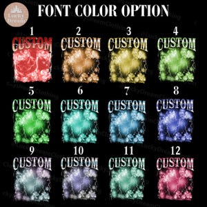 May include: A chart with 12 different color options for customizing text. Each option is labeled with a number from 1 to 12 and the word "CUSTOM". The colors range from red to pink, orange to yellow, green to blue, and purple.