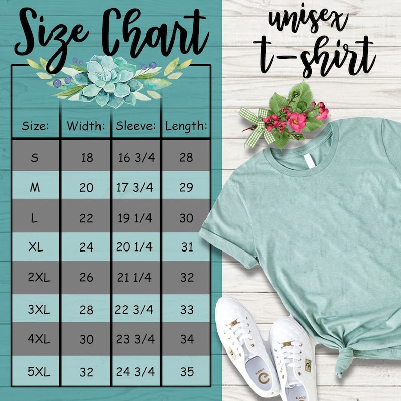 K&ouml;nnte beinhalten: Unisex-T-Shirt Gr&ouml;&szlig;entabelle mit Ma&szlig;en in Zoll. Die Tabelle zeigt die Gr&ouml;&szlig;e, Breite, &Auml;rmell&auml;nge und L&auml;nge des T-Shirts in Zoll. Die Tabelle befindet sich auf einem hellblauen Hintergrund mit einem floralen Design.