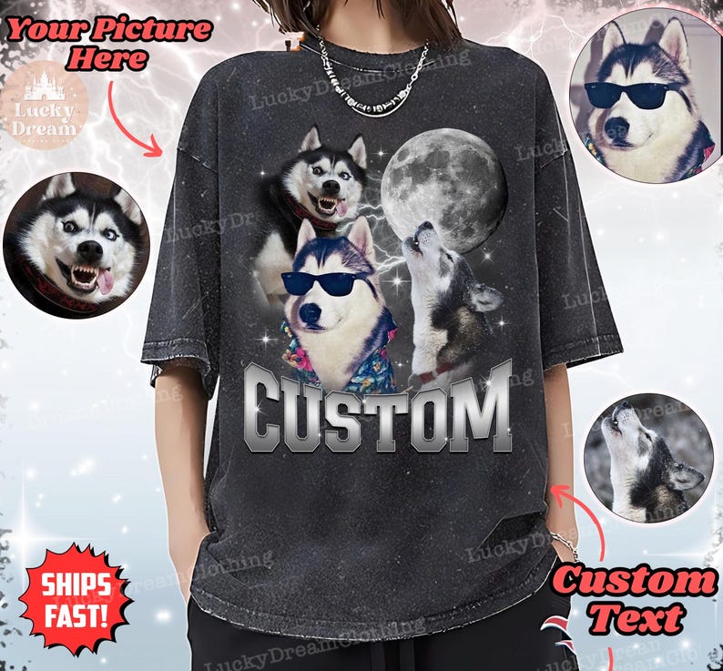 May include: A black t-shirt with a distressed look featuring a custom text design that says "CUSTOM". The design includes three husky dogs, one wearing sunglasses, and a full moon.