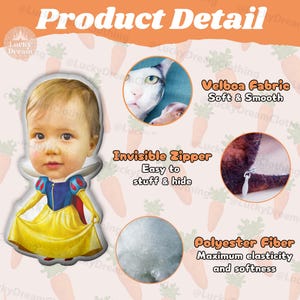 Puede incluir: Una almohada personalizada con forma de personaje, que representa a un ni&ntilde;o disfrazado de Blancanieves. La almohada tiene un borde blanco y un vestido amarillo. La imagen detalla las caracter&iacute;sticas de la almohada: tejido Velboa, cremallera invisible y fibra de poli&eacute;ster.