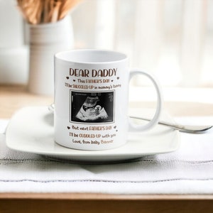 Echografie deze Vaderdag, ik lig lekker in mama's buik, gepersonaliseerde mok, vaderdagcadeau van kinderen, aangepaste fotomok eerste vader