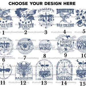 May include: A collage of 15 different designs featuring a blue and white colour scheme. The designs include dragons, wings, and text. The text includes "Basgiath War College", "Fourth Wing", and "I am Infinite".