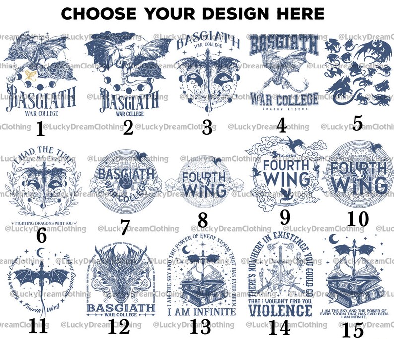 May include: A collage of 15 different designs featuring a blue and white colour scheme. The designs include dragons, wings, and text. The text includes "Basgiath War College", "Fourth Wing", and "I am Infinite".