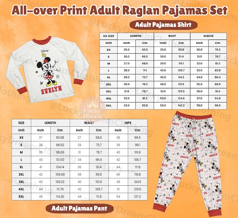 Peut inclure: Ensemble de pyjama raglan blanc et rouge avec un imprim&eacute; Minnie Mouse. Le t-shirt &agrave; manches longues porte un motif Minnie Mouse et le nom "EVELYN". Le pantalon de pyjama a un imprim&eacute; assorti. Tableaux des tailles inclus.