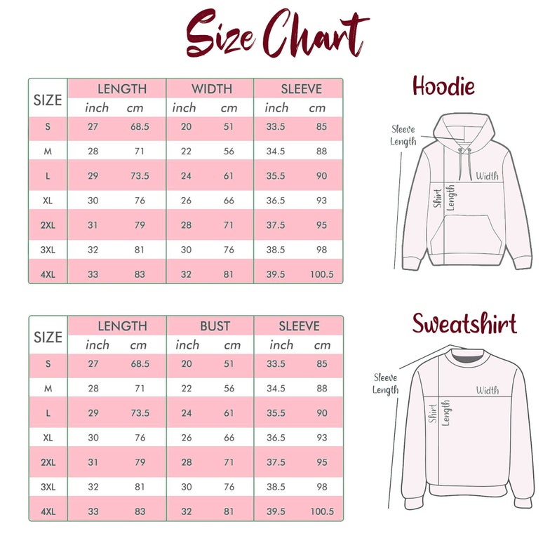 May include: Size chart for hoodies and sweatshirts with measurements in inches and centimeters. The chart shows the length, width, bust, and sleeve measurements for sizes S through 4XL.
