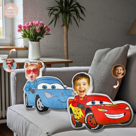 Personalized Race Car Cushion for Boys Girls Birthday Bedroom Decor, Custom Kids Ugly Pillow Lightning McQueen Car Driver Photo Pillow Gifts