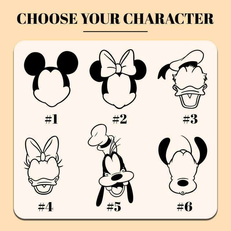 K&ouml;nnte beinhalten: Schwarzwei&szlig;e Illustrationen von sechs verschiedenen Disney-Charakteren. Die Charaktere sind von 1 bis 6 nummeriert. Zu den Charakteren geh&ouml;ren Mickey Mouse, Minnie Mouse, Donald Duck, Daisy Duck, Goofy und Pluto.