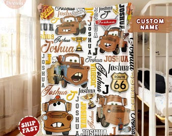 Manta personalizada de Disney Cars, manta personalizada con nombre de Cars, manta Tow Mater, manta de Cars para cumpleaños de niños.