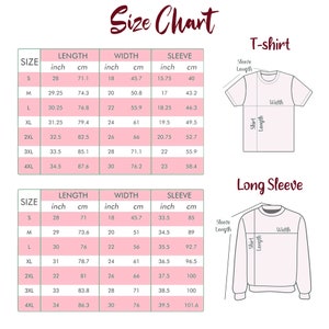 May include: Size chart for t-shirts and long-sleeve shirts with measurements in inches and centimeters. The chart shows the size, length, width, and sleeve length for sizes S, M, L, XL, 2XL, 3XL, and 4XL.