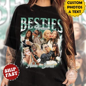 May include: Black t-shirt with a graphic print of a group of friends with the text "BESTIES Forever" and the names "Auna - Sarah".