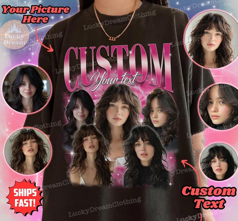 May include: Dark brown t-shirt with a custom design featuring a woman's portraits and the word "CUSTOM" in pink. The shirt also includes the text "Your text" and "Custom Text".