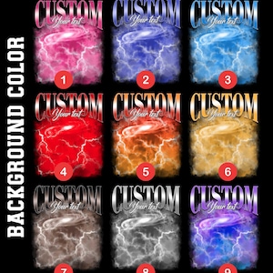 May include: Nine custom design options with a galaxy and lightning bolt design. Each design features the word "CUSTOM" above the text "Your text". The background colors include pink, blue, red, orange, yellow, brown, gray, and purple.