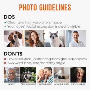 May include: Photo guidelines for taking pictures of pets and people for a custom portrait.  The top section shows examples of good photos, with clear images and good lighting. The bottom section shows examples of bad photos, with blurry images, distracting backgrounds, and awkward angles.
