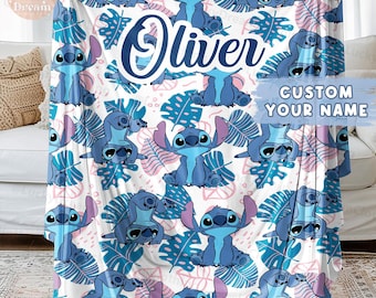 Gepersonaliseerde Lilo Stitch babydeken, aangepaste naamsteek baby kindernaamdeken, steekdeken, Disney-reis verjaardagscadeau voor jongensmeisje
