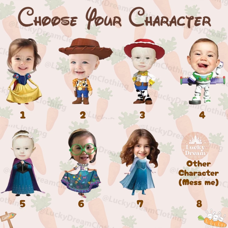 K&ouml;nnte beinhalten: Ein Bild mit acht Kindergesichtern, die auf K&ouml;rper von Zeichentrickfiguren gelegt wurden. Der Text "CHOOSE YOUR CHARACTER" steht oben. Zu den Charakteren geh&ouml;ren Schneewittchen, Woody und Buzz Lightyear. Der Hintergrund ist hellrosa mit Karottenillustrationen.