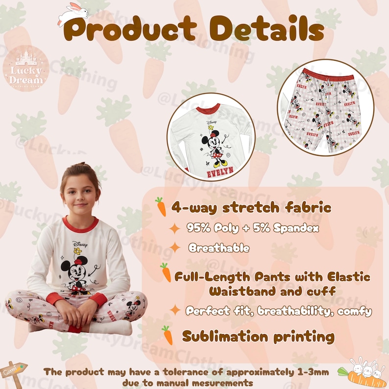 Peut inclure: Ensemble de pyjama Minnie Mouse blanc et rouge. Le haut &agrave; manches longues et le pantalon pr&eacute;sentent un motif Minnie Mouse et le nom "EVELYN". L'ensemble comprend un tissu extensible 4 directions, respirant, et un pantalon long avec taille et poignets &eacute;lastiques.