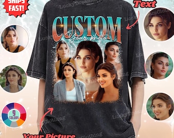 May include: A black t-shirt with a vintage-style design featuring the word "CUSTOM" in a colorful font. The design also includes a collage of images of women. The text "Your photo here" is written below the design.