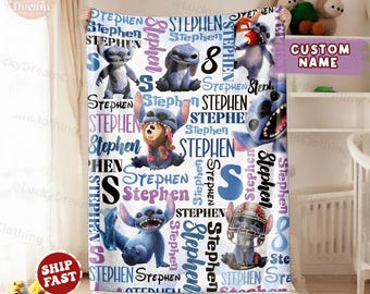 Gepersonaliseerde kindernaamdeken, Stitch Live Action deken, Lilo Stitch babydeken, babydeken aangepaste naamsteek, verjaardagscadeau