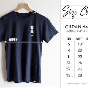 May include: A navy blue t-shirt with size chart showing measurements in inches. The chart shows the width and length of the shirt in sizes S, M, L, XL, 2XL, and 3XL. The text "GILDAN 64000 G640 SOFTSTYLE T-SHIRT" is also included.