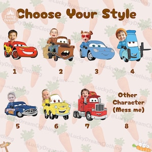 May include: A graphic featuring cartoon cars with children's faces, labeled 1-8. The text "Choose Your Style" is at the top. The cars are various colors, including red, blue, and yellow, with a carrot background.