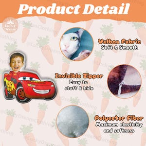 May include: A red Lightning McQueen car-shaped pillow with a child's face. The pillow features an invisible zipper and is made of Velboa fabric and polyester fiber. The text "Product Detail" is at the top.