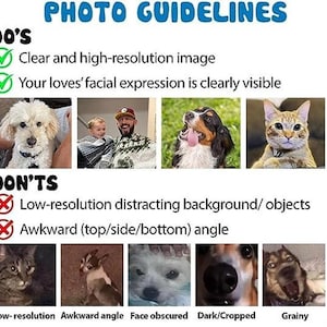 Puede incluir: Imagen con el texto "PHOTO GUIDELINES" y los subt&iacute;tulos "DO'S" y "DON'TS". La secci&oacute;n "DO'S" muestra ejemplos de buenas fotos, incluyendo un perro, una persona con un ni&ntilde;o, un perro con la lengua fuera y un gato. La secci&oacute;n "DON'TS" muestra ejemplos de malas fotos.