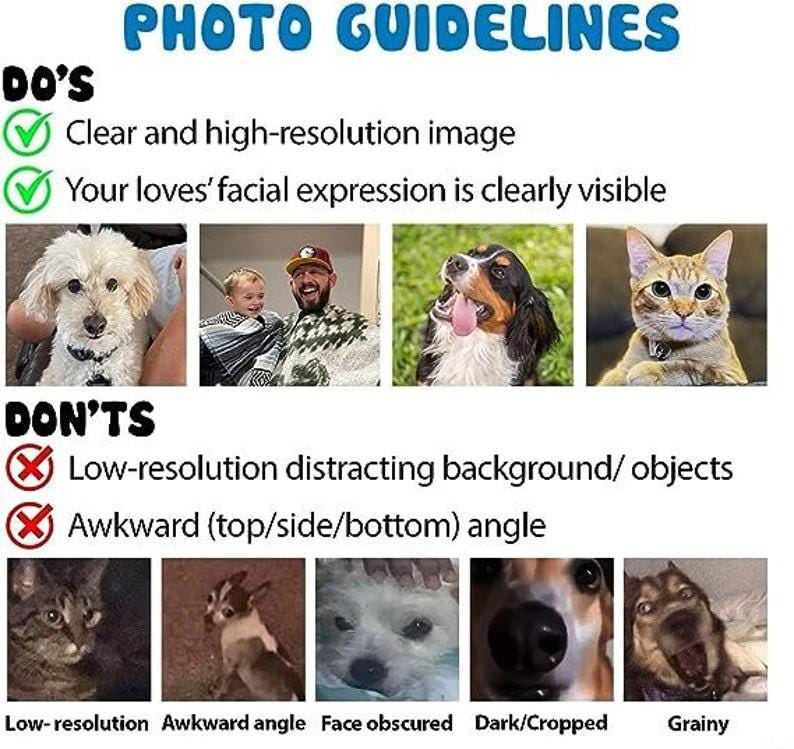 Puede incluir: Imagen con el texto "PHOTO GUIDELINES" y los subt&iacute;tulos "DO'S" y "DON'TS". La secci&oacute;n "DO'S" muestra ejemplos de buenas fotos, incluyendo un perro, una persona con un ni&ntilde;o, un perro con la lengua fuera y un gato. La secci&oacute;n "DON'TS" muestra ejemplos de malas fotos.