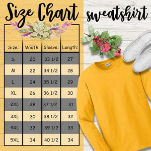 May include: Size chart for a yellow sweatshirt with measurements in inches for width, sleeve length, and overall length. Sizes range from S to 5XL.