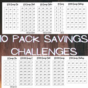 May include: A printable 10-pack savings challenge chart with different amounts to save each day. The chart includes challenges for saving £1, £5, £10, £20, £250, £500, £1000, £5000, £10,000, and £20,000.