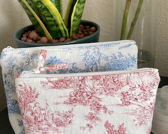 embroidery Toile de jouy makeup pouch/ travel small makeup bag/ ginghma makeup pouch/ 2size makeup bag / cosmetic pouch