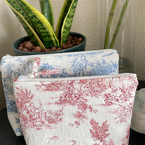 Toile de jouy makeup pouch/ travel small makeup bag/ ginghma makeup pouch/ 2size makeup bag / cosmetic pouch/ french style makeup bag