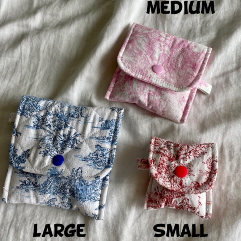 Quilted Toile De Jouy Fabric AirPod Case / Handmade Small Button Pouch