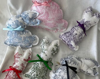 Toile Fabric Bunny, French Farmhouse Spring Decor, Handmade Easter Basket Filler