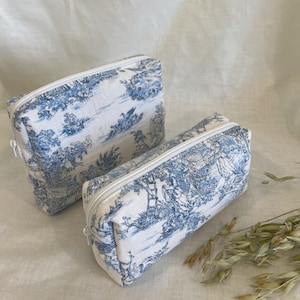 Bolsa de maquillaje de lino francés Toile / Organizador de artículos de tocador de viaje, regalo personalizado para mamá o para ella, bolsa con cremallera, bolsa de maquillaje hecha a mano,
