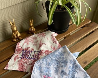 Personalized Reversible Dog Bandana, Toile de Jouy & Gingham Pet Scarf, Custom Embroidered Name Bandana for Dogs