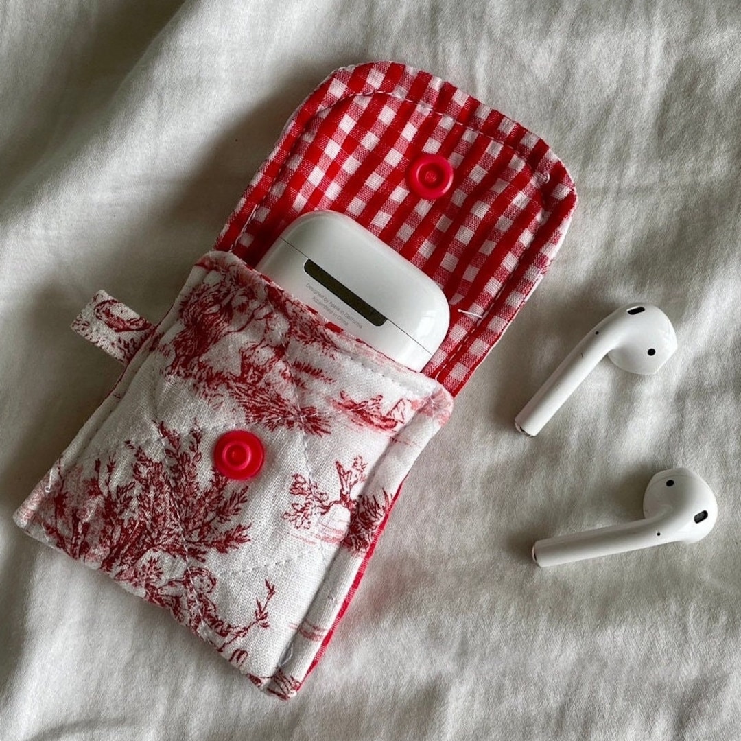 Quilted Toile De Jouy Fabric AirPod Case / Handmade Small Button Pouch