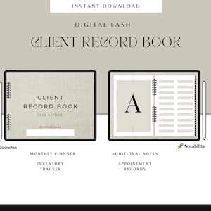 Peut inclure: Modèle de carnet de rendez-vous pour les clients de cils numériques pour les applications Goodnotes et Notability. La couverture présente une texture en lin et le texte "CLIENT RECORD BOOK LASH EDITION". Les pages intérieures montrent un planificateur mensuel, un suivi des stocks, des notes supplémentaires et des enregistrements de rendez-vous.
