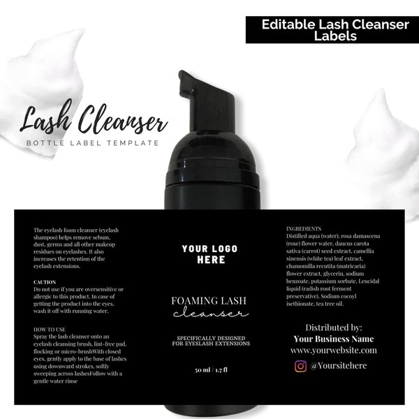 Lash Shampoo Labels, Customizable Lash bath label template, Eyelash Foam Cleanser, Shampoo Sticker, Editable template, Custom label design
