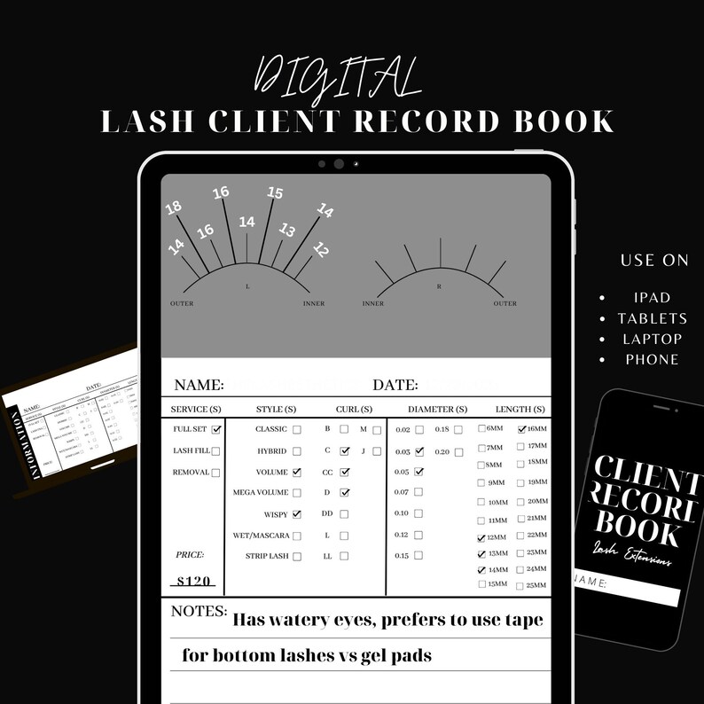 Op de afbeelding: Een digitaal wimpers klantenboek met een grijze achtergrond en zwarte tekst. Het boek bevat secties voor klantnaam, service, stijl, krul, diameter, lengte en notities. Het boek bevat ook een diagram van een oog met wimperverlengingen.