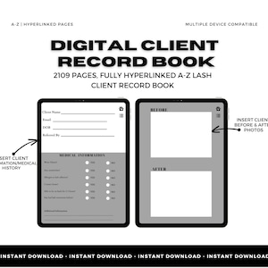 Peut inclure: Un carnet de suivi client numérique avec 2109 pages, entièrement hyperlié de A à Z pour les clients de cils. Le carnet est compatible avec plusieurs appareils. L'image montre une page d'exemple avec des sections pour les informations client, les informations médicales et les photos avant et après.