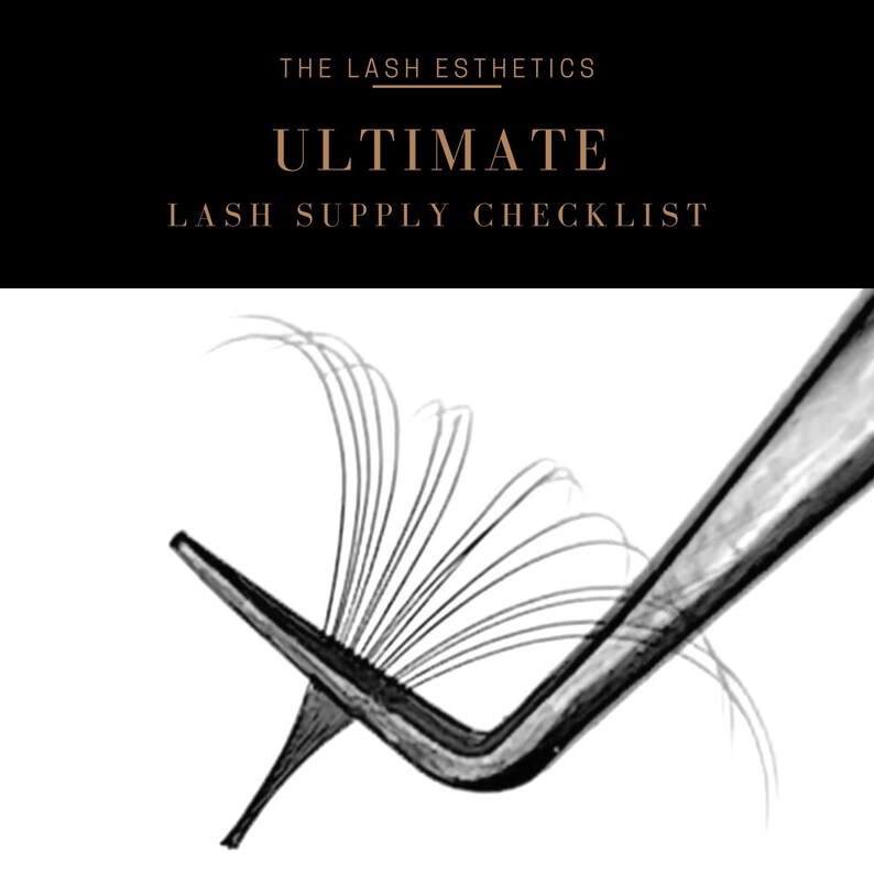 May include: A close-up of a lash extension tool with a fan of lashes attached to the tip. The tool is made of metal and has a curved handle. The lashes are black and are arranged in a fan shape.