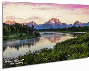Impresión artística de pared de Grand Teton con reflejo del monte Moran y la hora dorada de Oxbow Bend