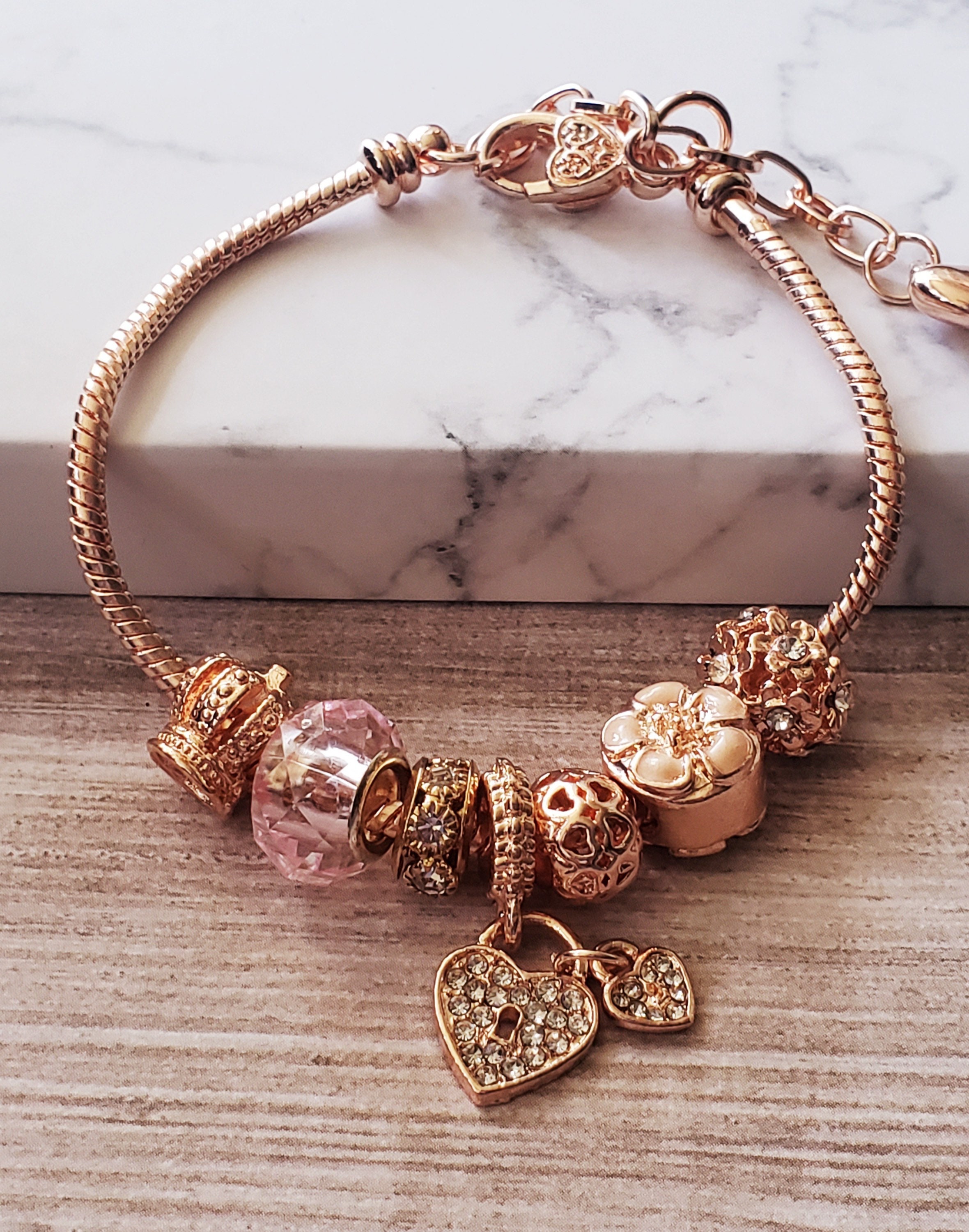 Rose Gold Charm Bracelet, Flower Heart Crystal Charm Bracelet, Love  Bracelet, Flower Charm for Bracelet With Snake Chain, Flower Girl Gifts 
